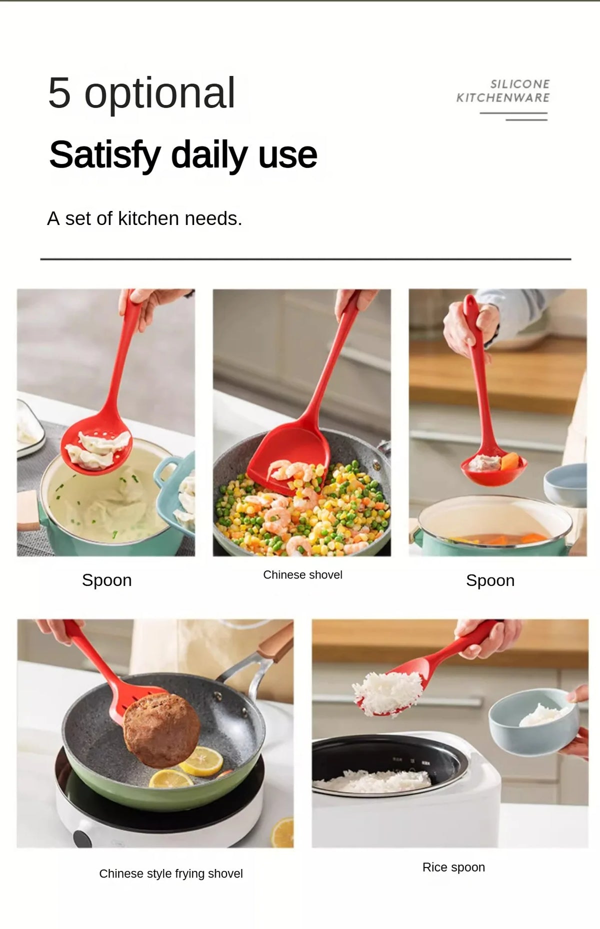 Silicone utensils in use on non-stick pan