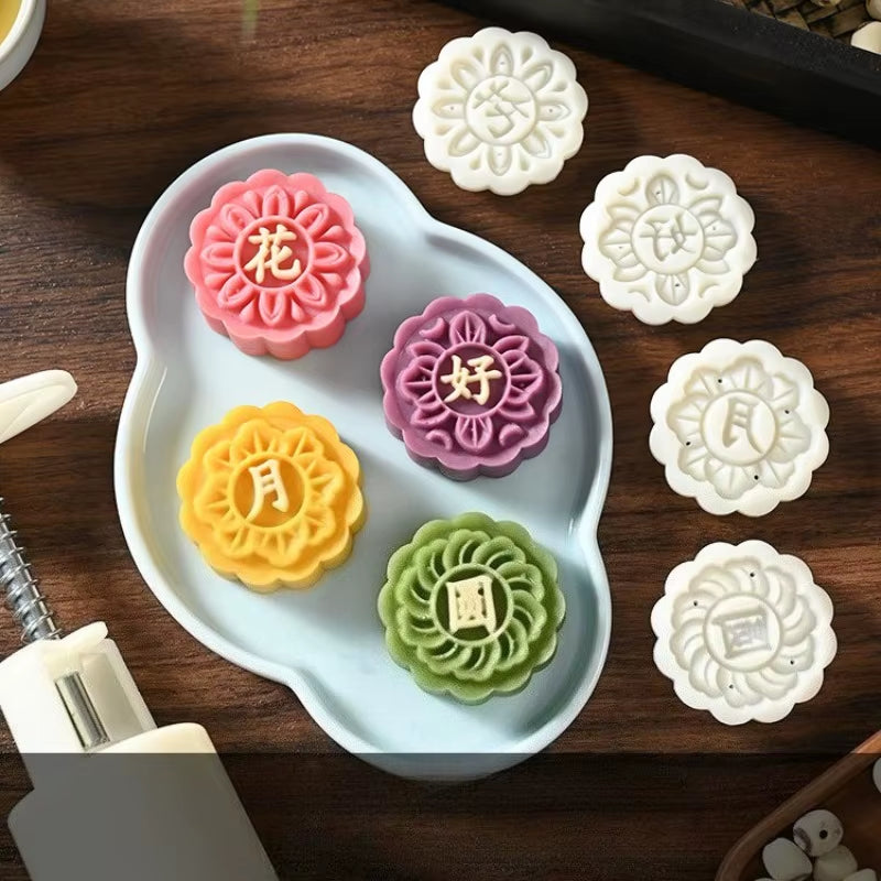 Mooncake Mold Plastic Hand-Pressure Cookie Stamps Flower Cherry Lion Pattern Plungers Pastry Decoration Tool Mid-Autumn Festival
