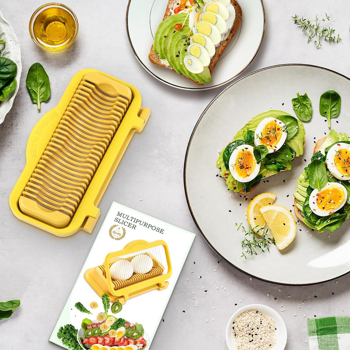 Slicer with sliced fruit and eggs