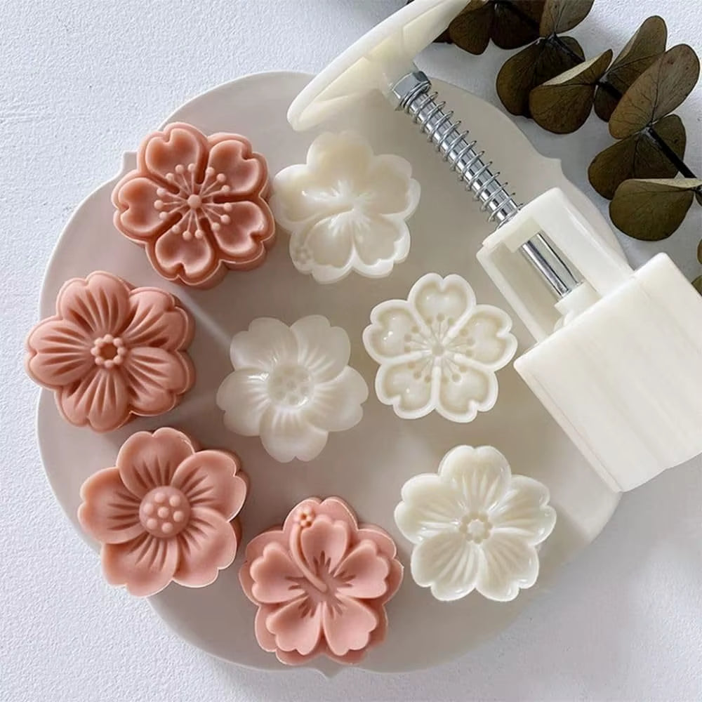 Mooncake Mold Plastic Hand-Pressure Cookie Stamps Flower Cherry Lion Pattern Plungers Pastry Decoration Tool Mid-Autumn Festival