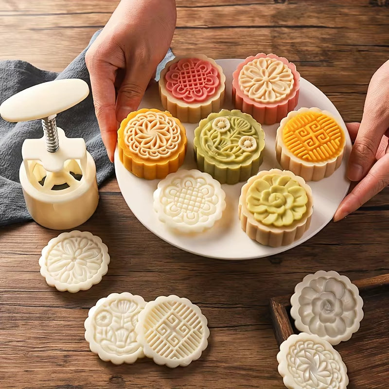 Mooncake Mold Plastic Hand-Pressure Cookie Stamps Flower Cherry Lion Pattern Plungers Pastry Decoration Tool Mid-Autumn Festival