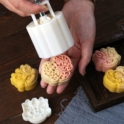 Mooncake Mold Plastic Hand-Pressure Cookie Stamps Flower Cherry Lion Pattern Plungers Pastry Decoration Tool Mid-Autumn Festival